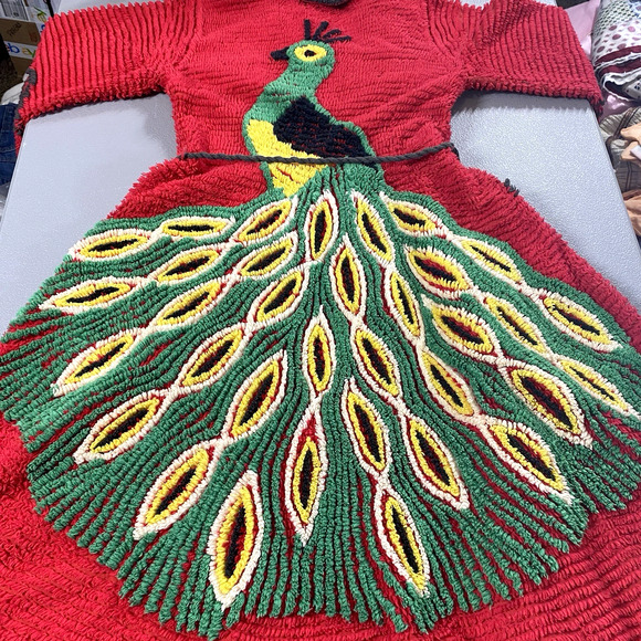 Gorgeous Red Vintage MCM Peacock Chenille Robe 1950s Cotton S/M Hard To Find!!